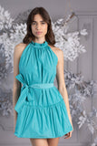 Vestido corto "Baby Doll" sin arrugas en tafetán a rayas turquesa Vestido corto "Baby Doll" sin arrugas en tafetán a rayas turquesa