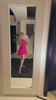 Vestido corto "Baby Doll" en tafetán a rayas Fucsia sin volantes Vestido corto "Baby Doll" en tafetán a rayas Fucsia sin volantes