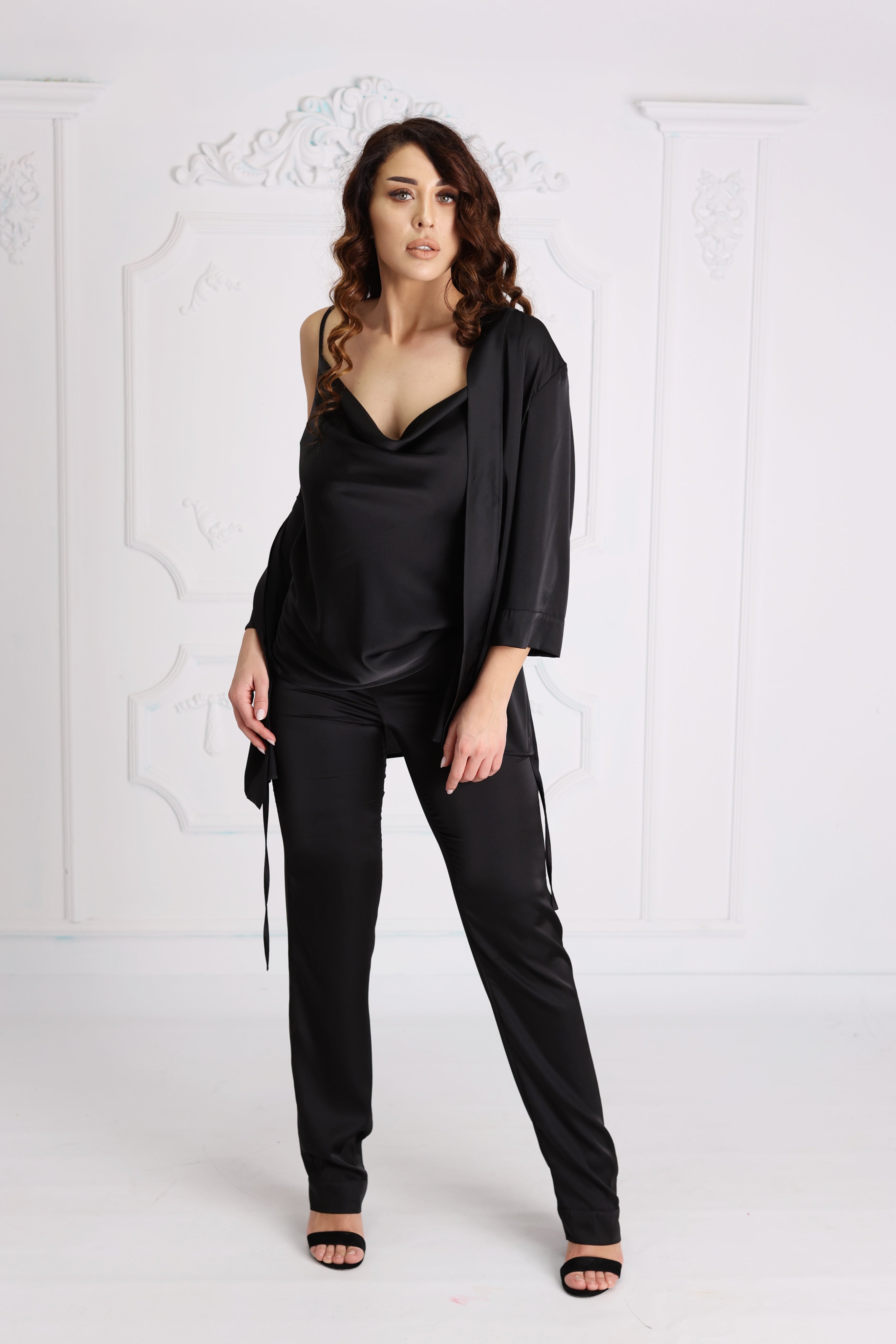 Set Black Satin Wave Long Pants + Top Set Black Satin Wave Long Pants + Top