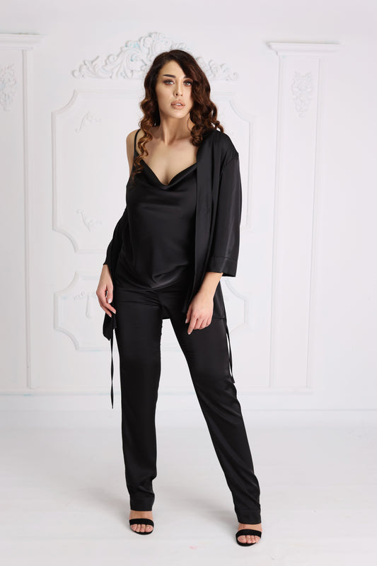 Set Black Satin Wave Long Pants + Top