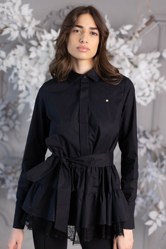 Camisa W. de algodón con volantes y encaje Negro