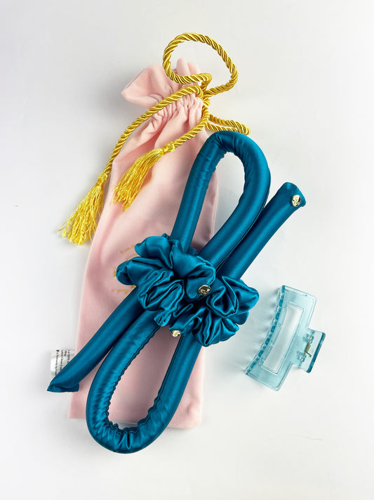 XXS Size Silk Heatless Curler with SILK Scrunchies Tibetan Blue