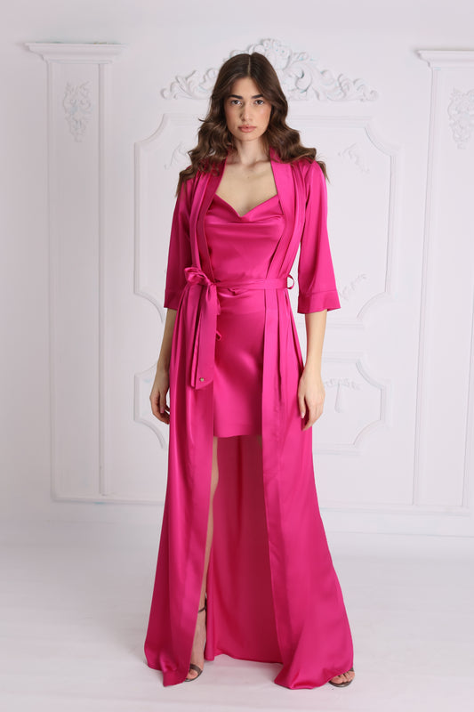 Set Satin Wave - Long Robe + Backless Dress Fuchsia