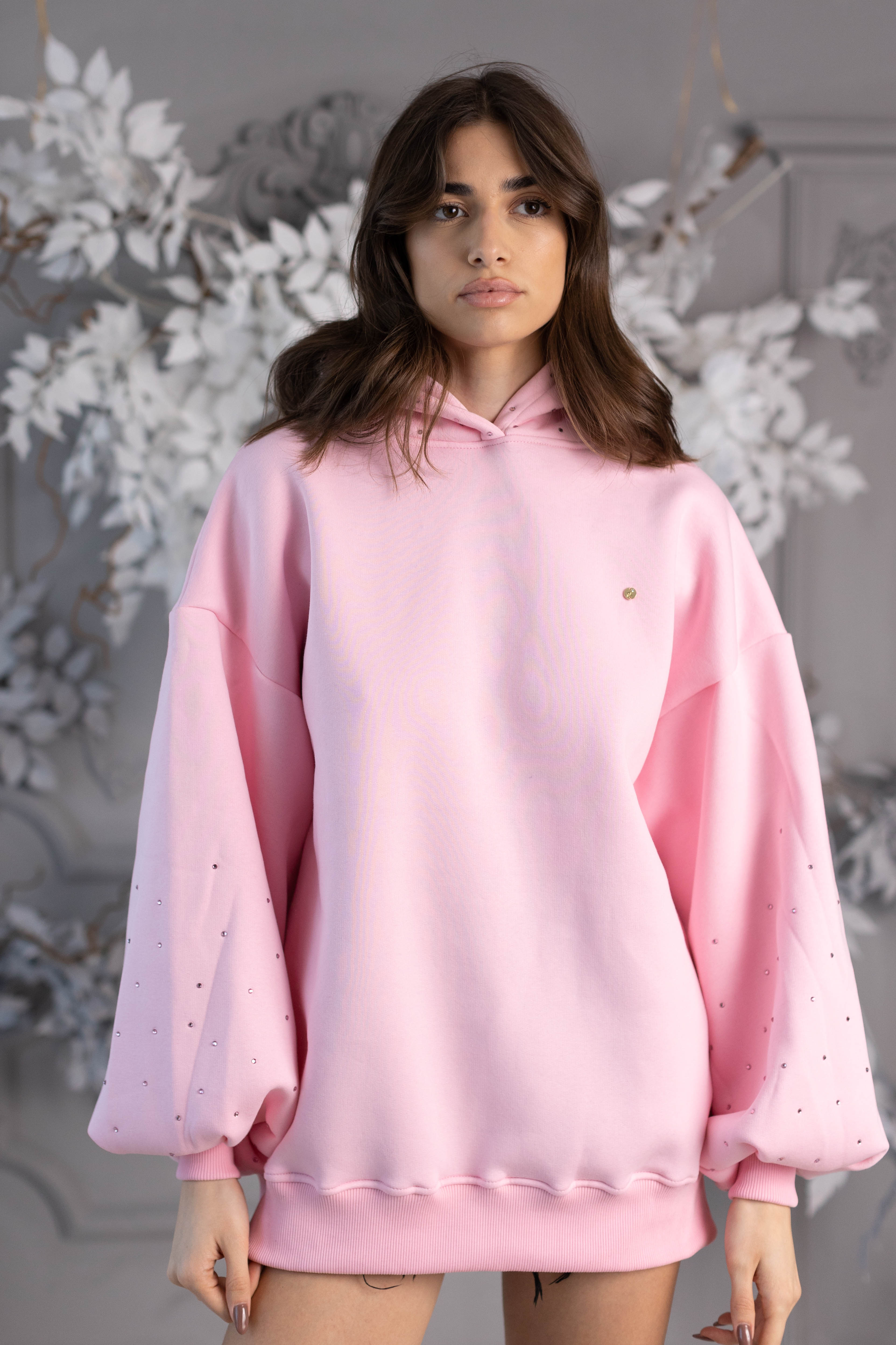 "Blush" Hoodie with Crystal Embellishments, Open Back, and Bell Sleeves in Pink. "Blush" Hoodie with Crystal Embellishments, Open Back, and Bell Sleeves in Pink.