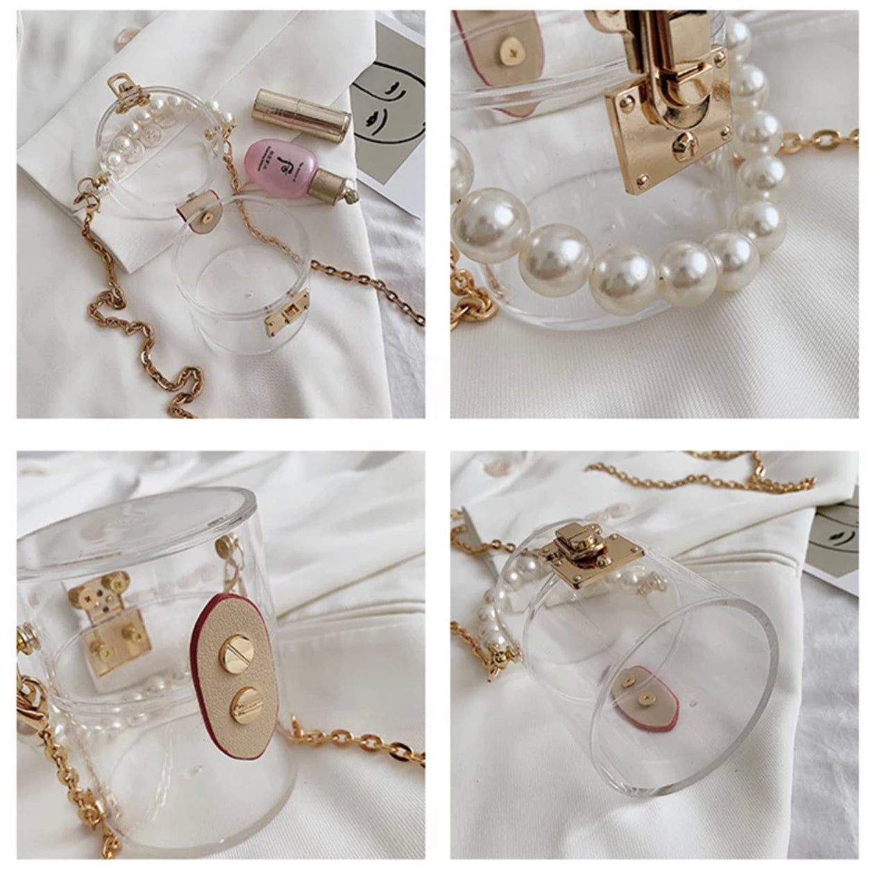 Geantă "Poppy Bag" transparentă, crossbody și lanț din perluțe. Geantă "Poppy Bag" transparentă, crossbody și lanț din perluțe.