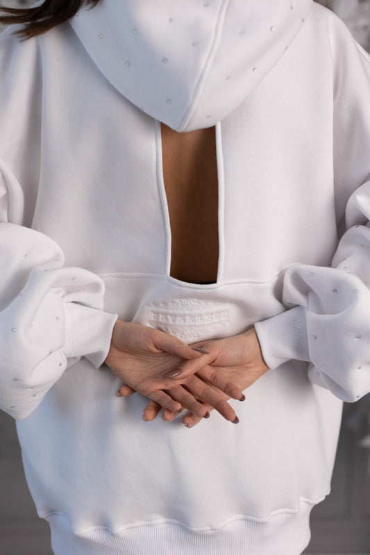 Sudadera "Blush" CRYSTAL con espalda abierta y mangas acampanadas BLANCAS