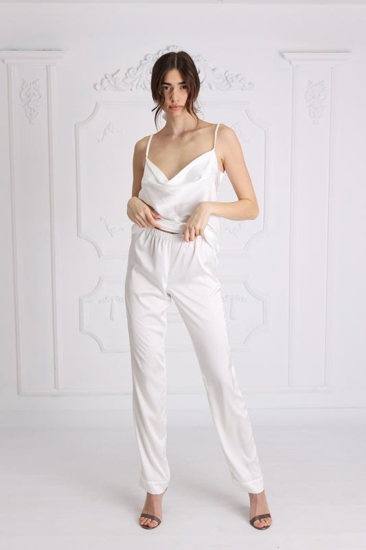 Conjunto Satin Wave - Top Pantalón Largo Blanco