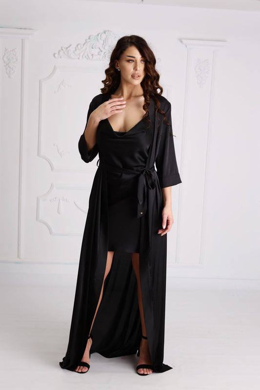 Set Satin Wave Long Robe + Open Back Dress Black