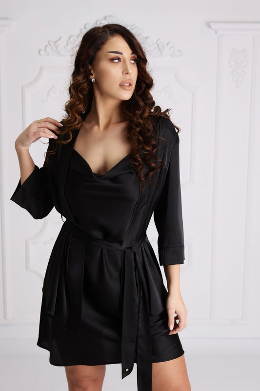 Satin Wave Medium Length Robe Black