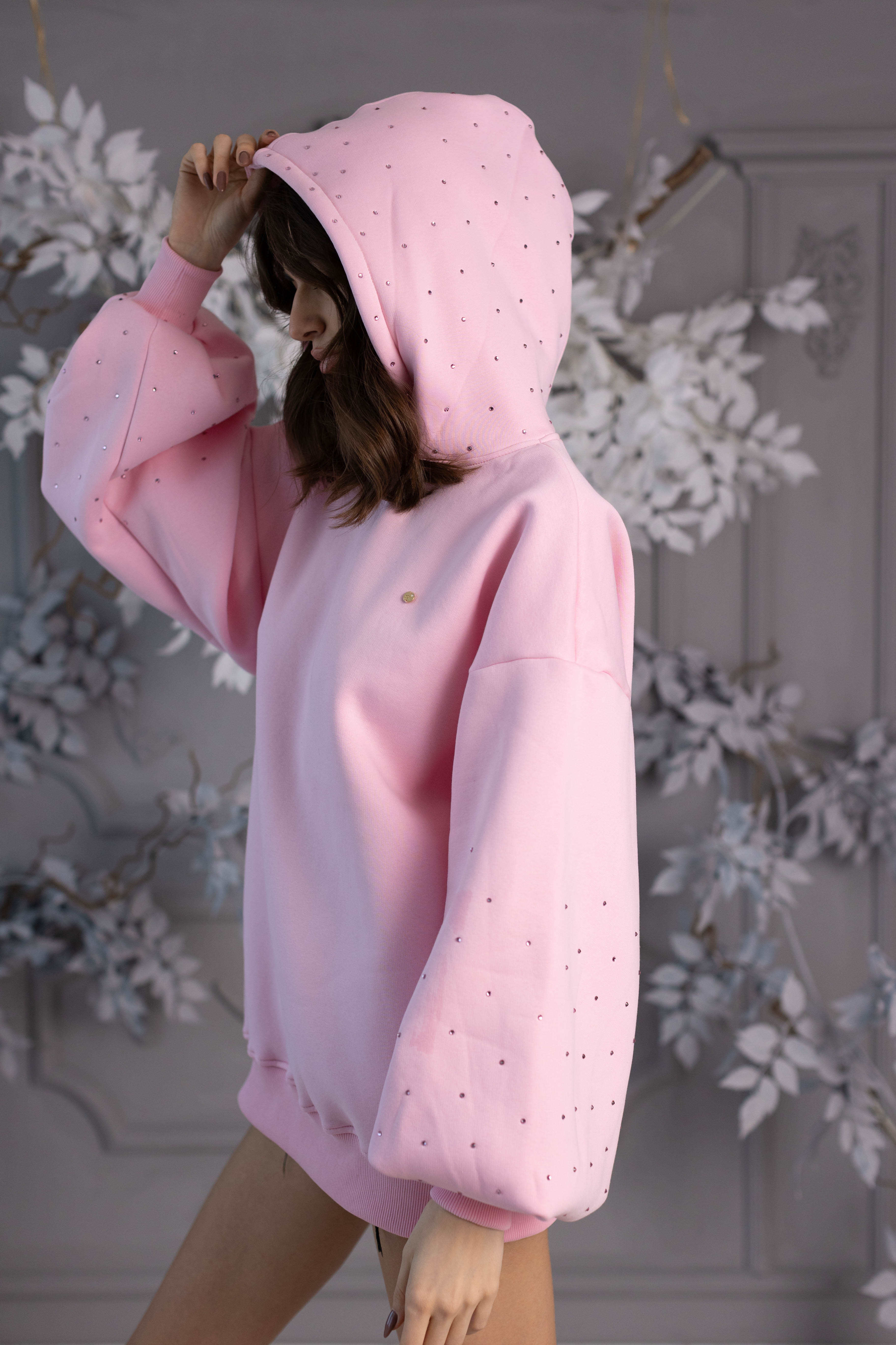 "Blush" Hoodie with Crystal Embellishments, Open Back, and Bell Sleeves in Pink. "Blush" Hoodie with Crystal Embellishments, Open Back, and Bell Sleeves in Pink.
