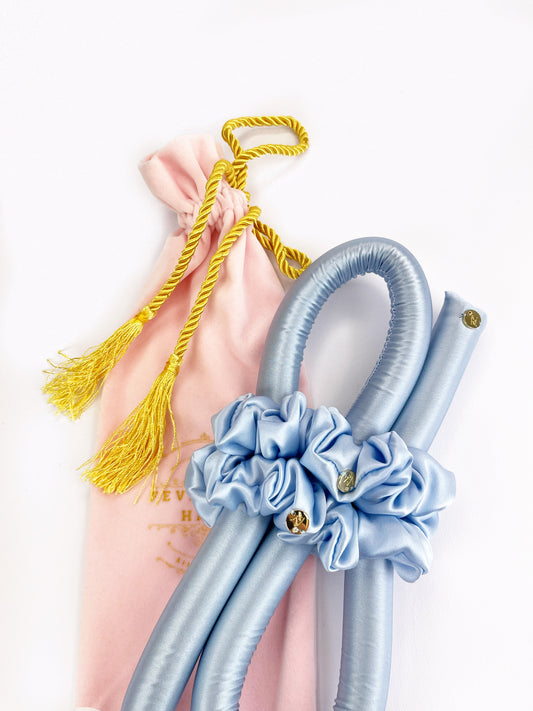 XXS Size Silk Heatless Curler with SILK Scrunchies Baby Blue