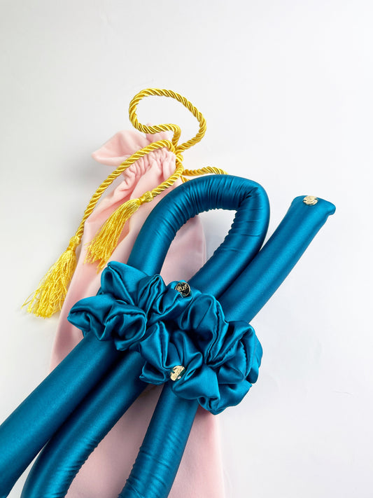 STANDARD Size Silk Heatless Curler with SILK Scrunchies Tibetan Blue