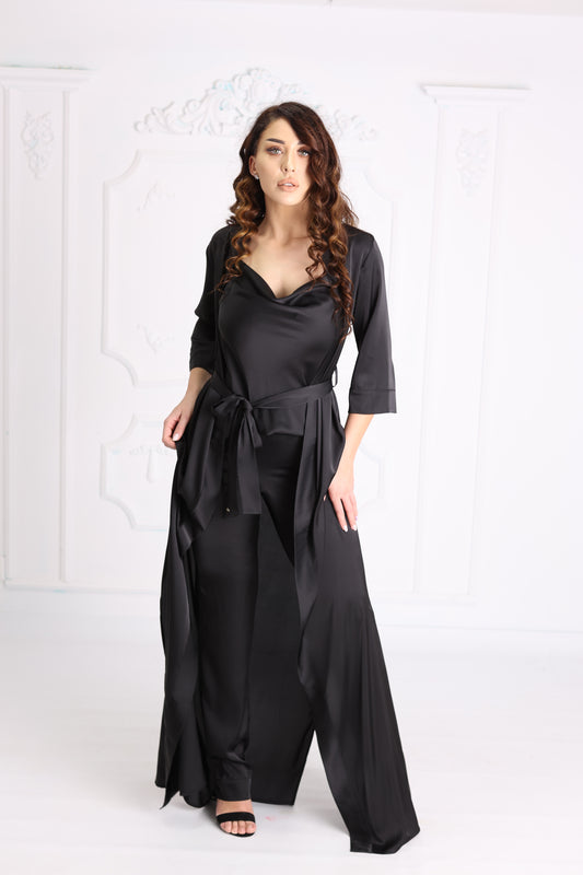 Long Black Satin Wave Robe