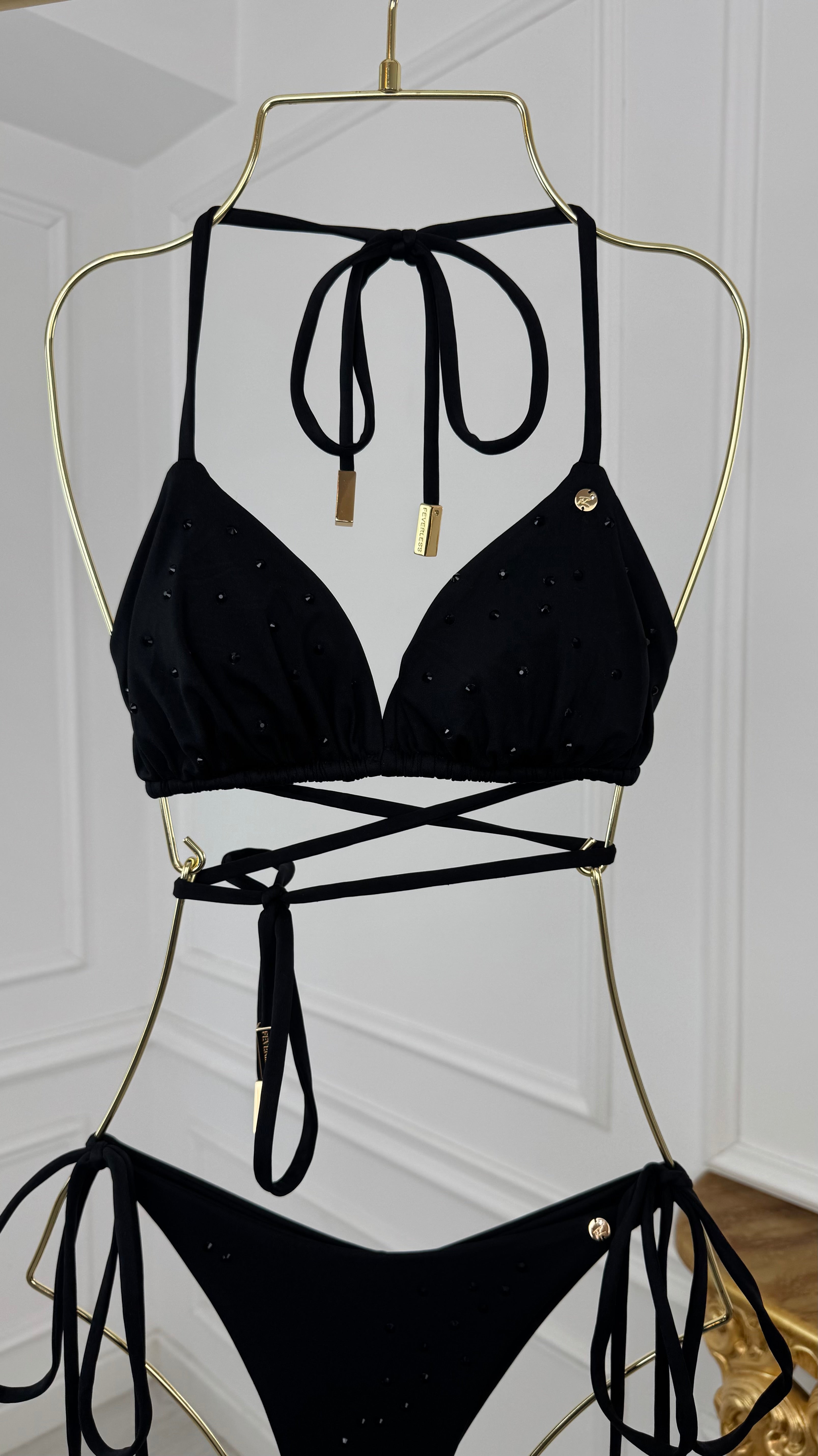 Sutien de baie cu CRISTALE triunghi cupe detaşabile NEGRU