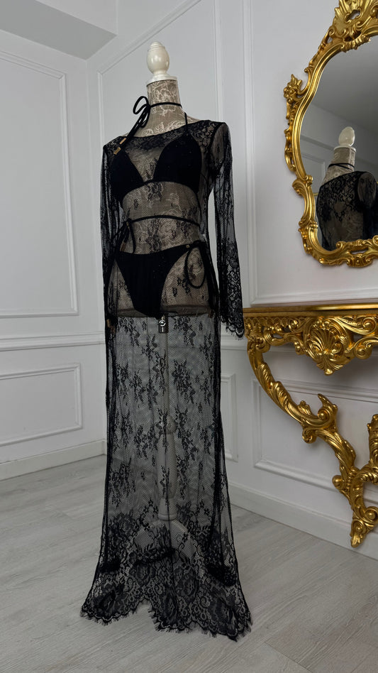Rochie lungă din dantelă cu mâneca lungă NEGRU