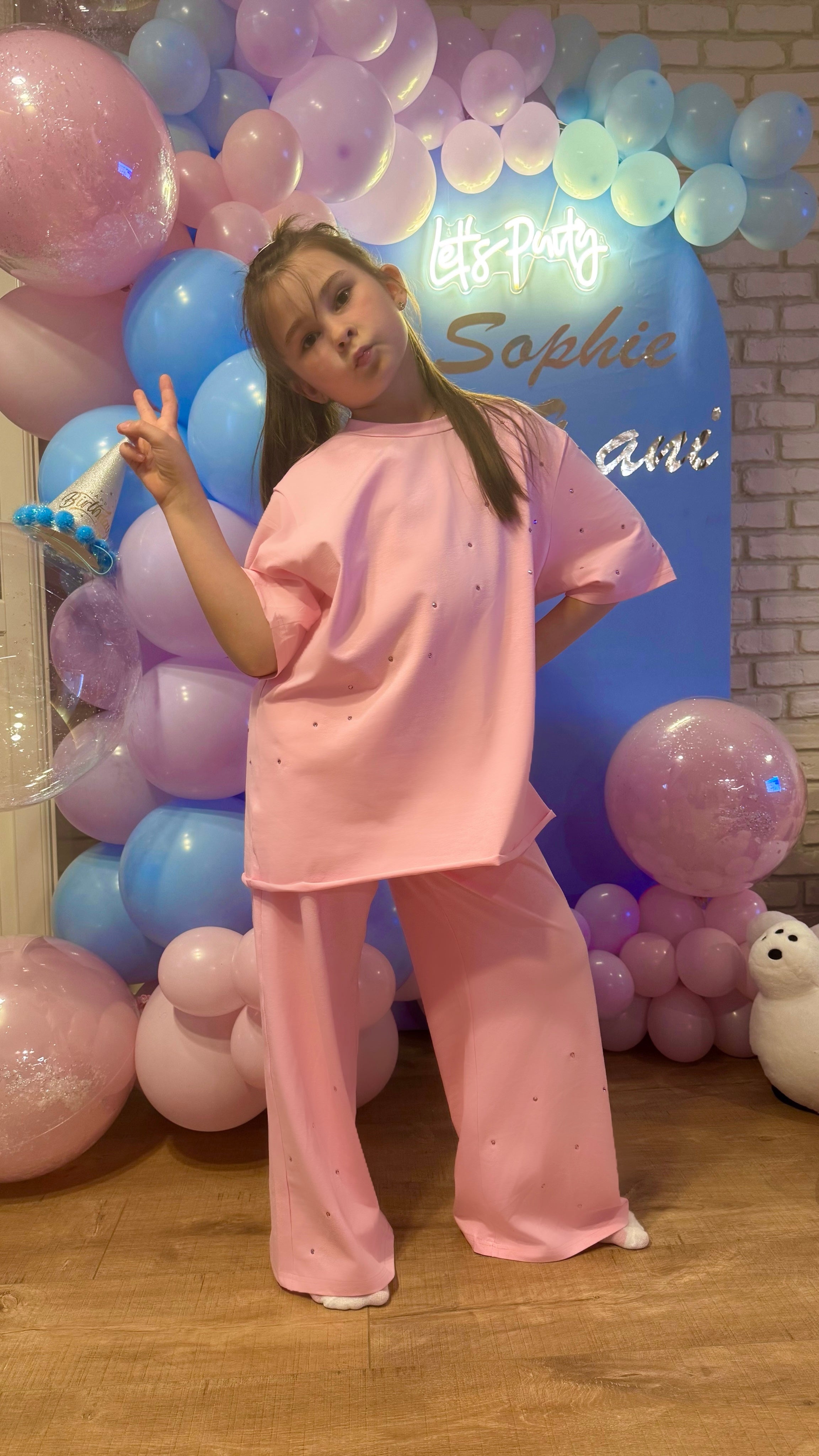 SET "SOFTIE" Copii CRISTALE Tricou lung + Pantaloni largi evazați BABY PINK