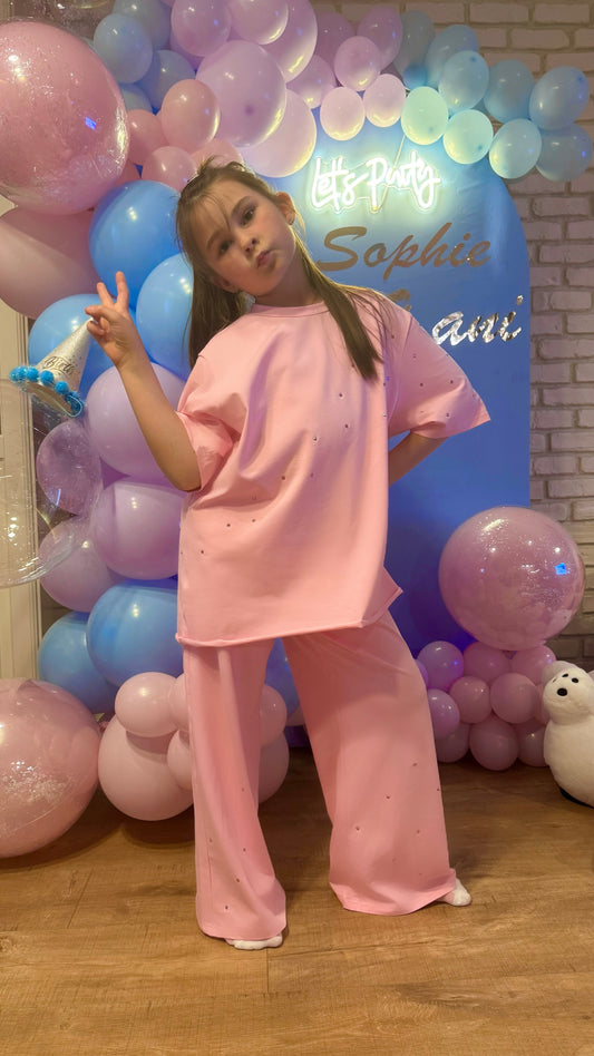 SET "SOFTIE" Copii CRISTALE Tricou lung + Pantaloni largi evazați BABY PINK