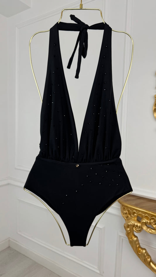 Costum de baie/Body CRISTALE întreg "Gaia" NEGRU