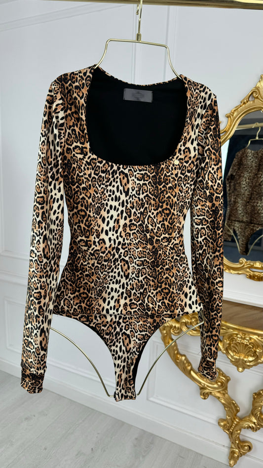 Elastic shaping bodysuit "Hera" with long sleeves leopard-print