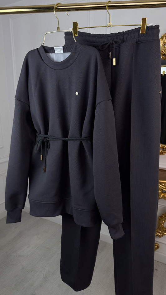 2-Piece Set "Eria 500" Backless Blouse + Long Straight Cotton Trousers DARK GREY