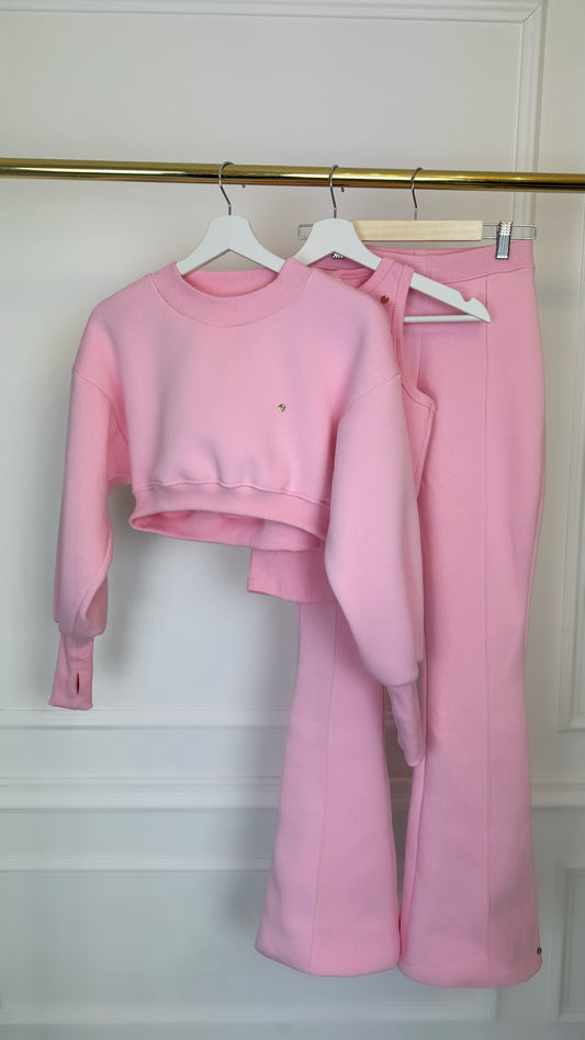 3 Piece Set "Blush" Cropped Blouse + FLARE Pants + BABY PINK Top