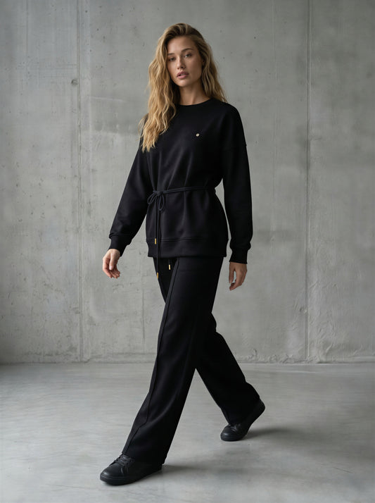 Set of 2 Pieces "Eria 330" Open-Back Blouse + Straight-Leg Cotton Pants BLACK