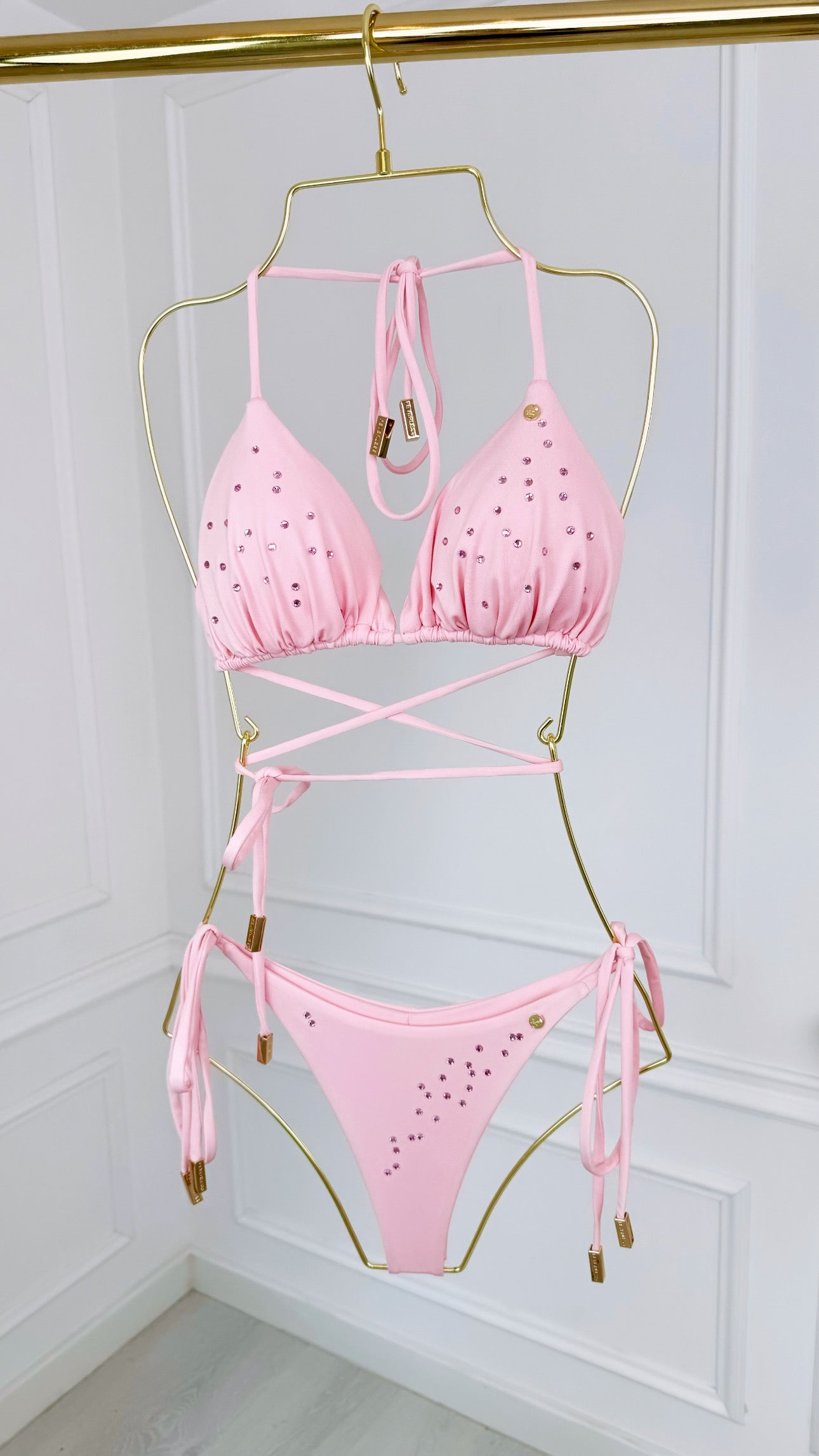 Blush Pink Crystal Triangle Bikini Top with Removable Cups