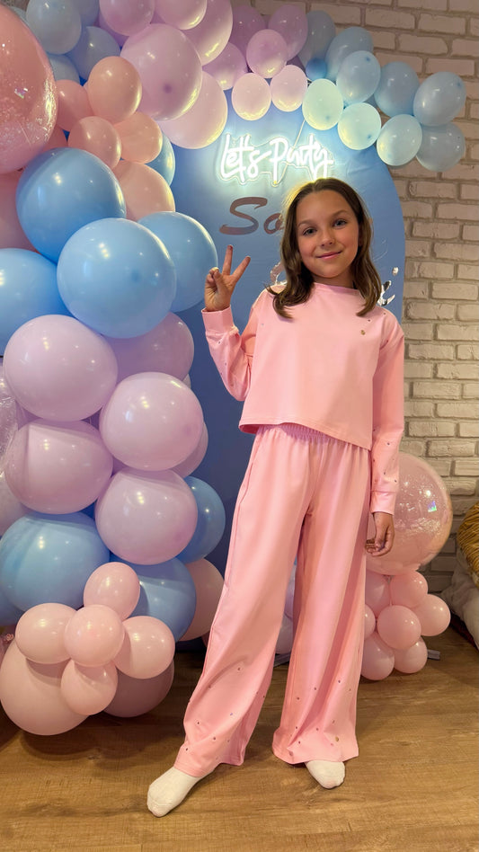 SET "SOFTIE" Copii CRISTALE Bluză Scurtă mâneca lungă + Pantaloni largi evazați BABY PINK