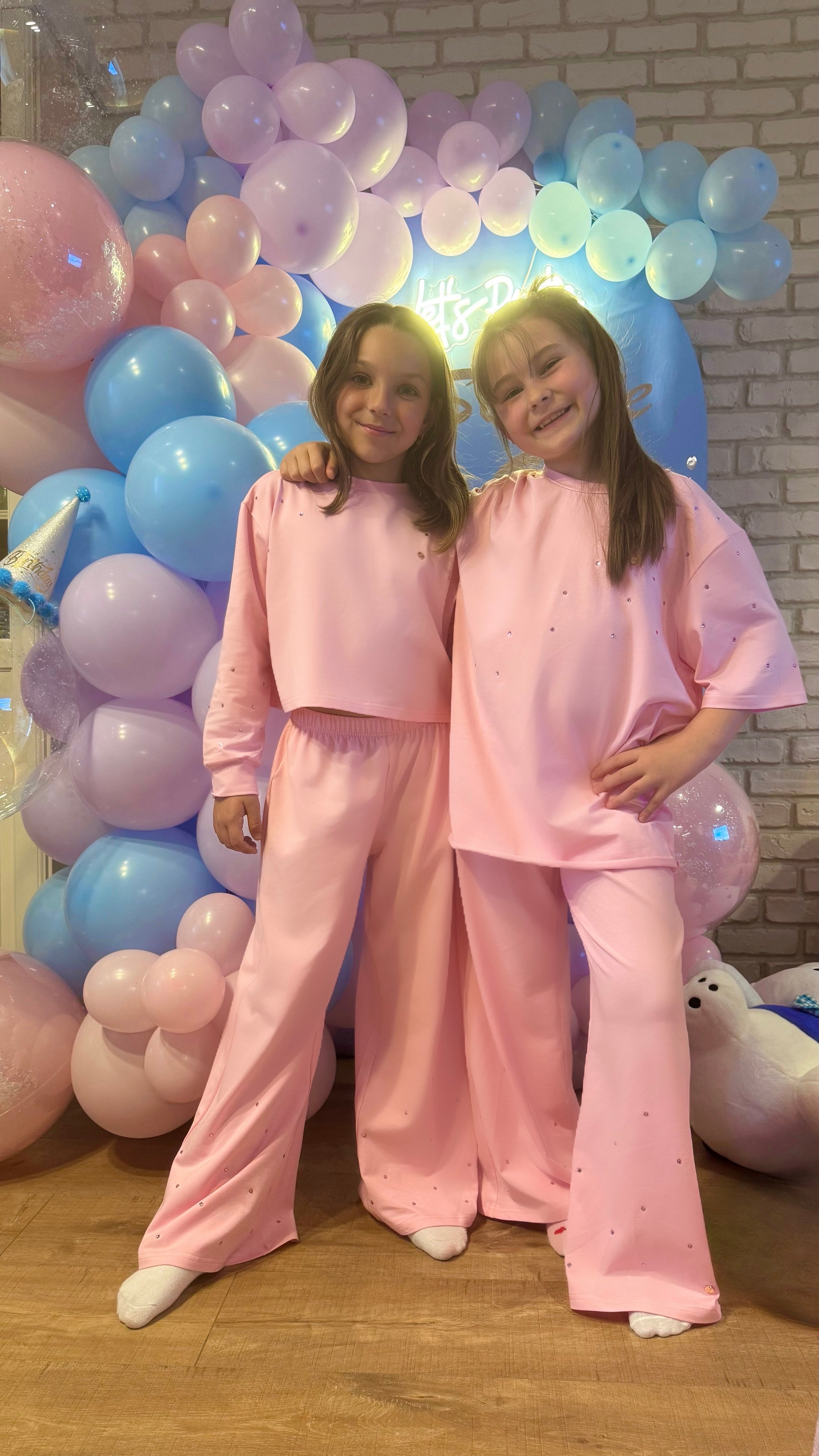 SET "SOFTIE" Copii CRISTALE Tricou lung + Pantaloni largi evazați BABY PINK