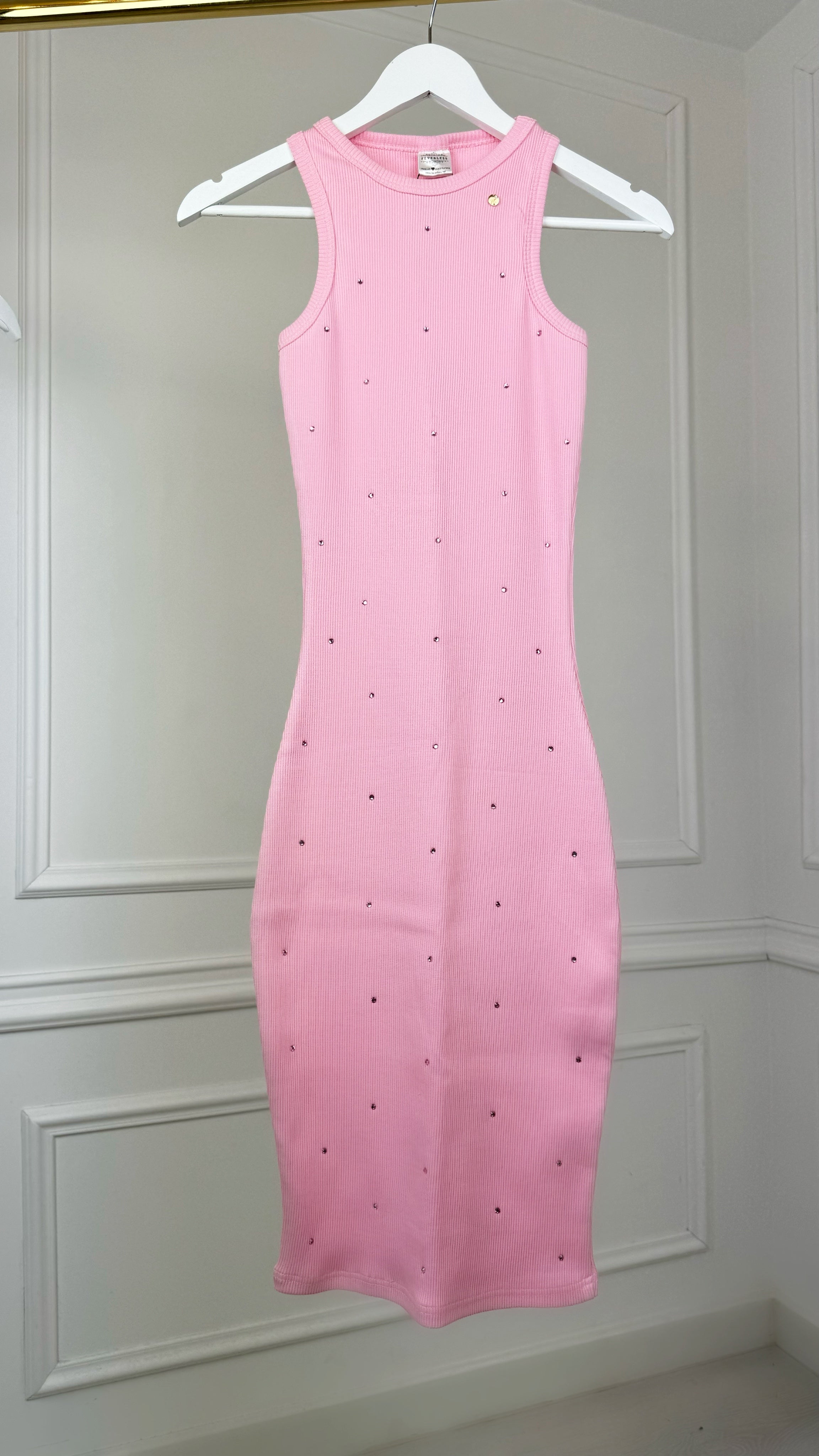 Ribbed midi dress with CRYSTALS - PINK