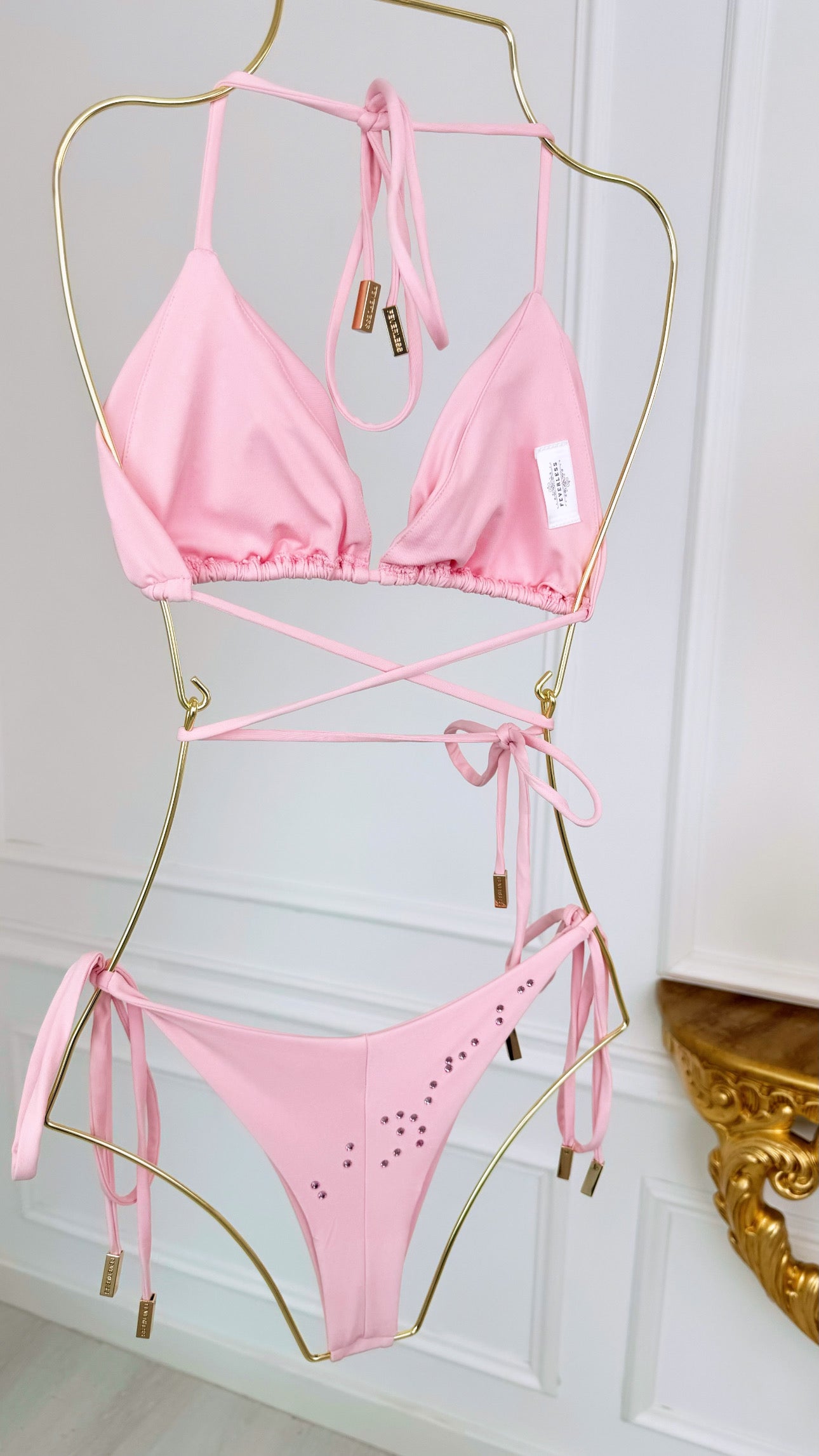 Blush Pink Crystal Triangle Bikini Top with Removable Cups