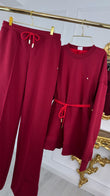 2-Piece Set "Eria": Blouse with Open Back + Straight Long Cotton Pants WINE