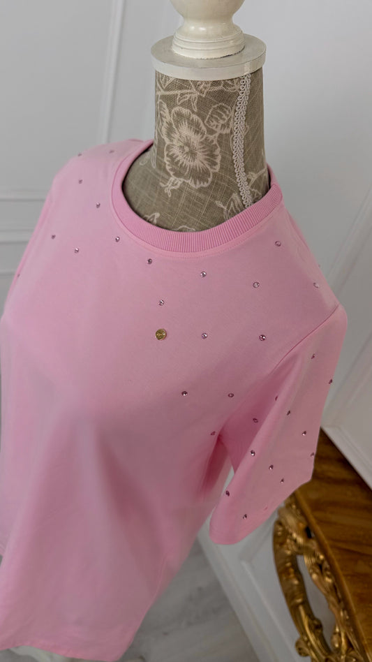 Tricou cu CRISTALE spatele Gol - STANDARD CUT  - BABY PINK