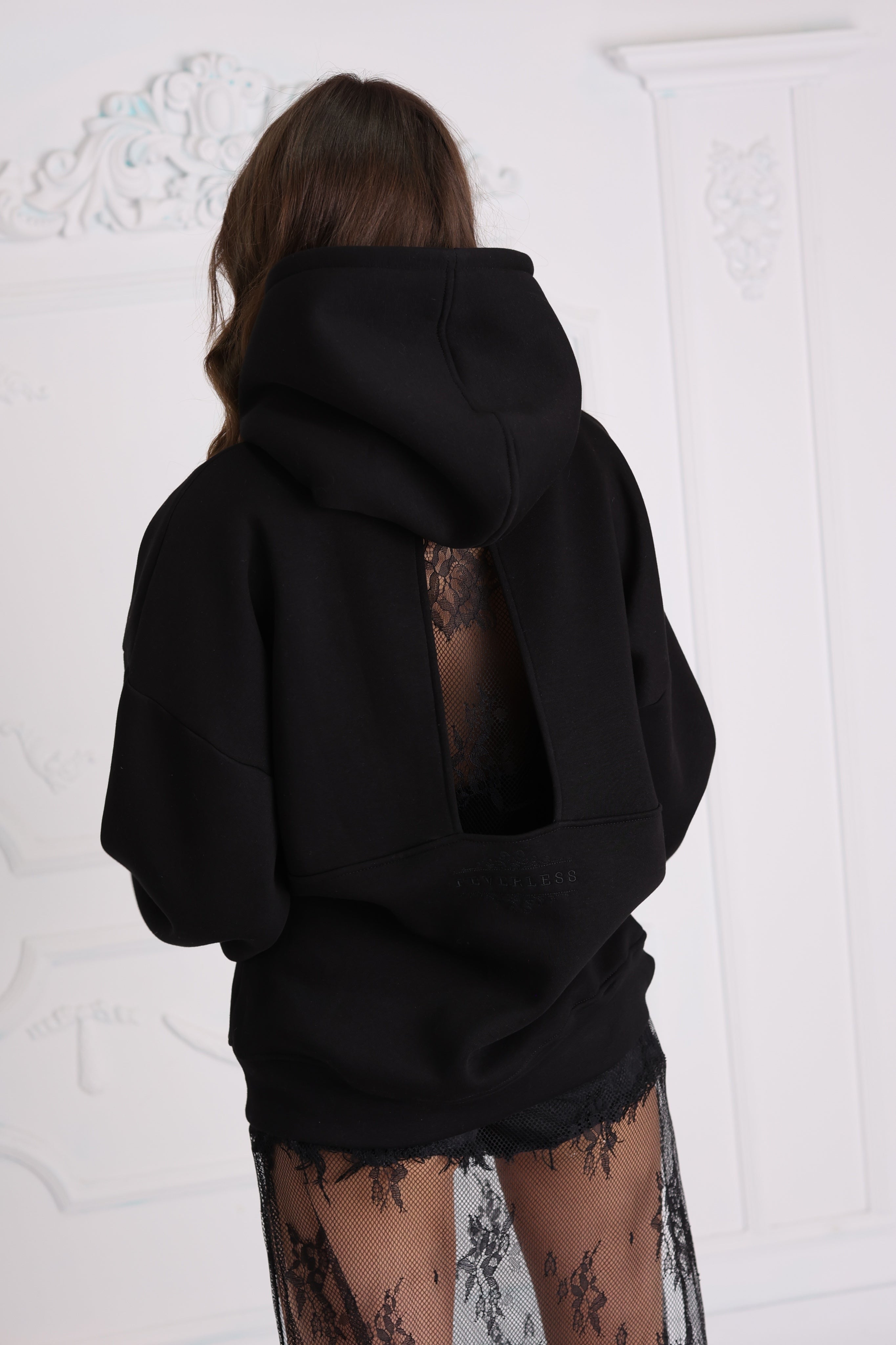 Set 2 Pieces Hoodie "Blush" Open Back + Straight Pants BLACK