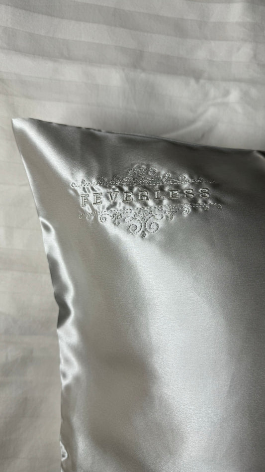 FeverLess Embroidered Cushion Cover in Natural Mulberry Silk with Silver Zipper