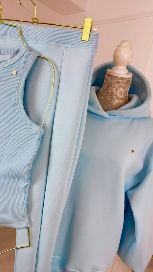 SET 3 Pieces "Blush" Hoodie with OPEN BACK + Flared Pants + Top - BABY BLUE