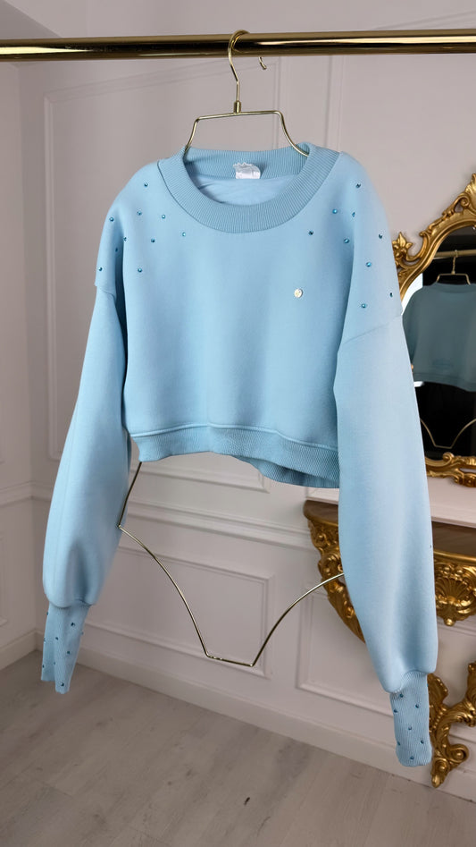 Bluză CU CRISTALE cu Satin la interior Cropped BABY BLUE