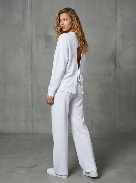 Set de 2 piese "Eria 330" Bluza cu Spatele Gol + Pantaloni Bumbac Drepți Lungi ALB