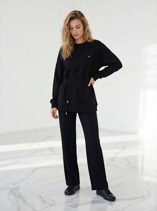 Set de 2 Piezas "Eria 500" Blusa con Espalda Descubierta + Pantalones Largos Rectos de Algodón NEGROS