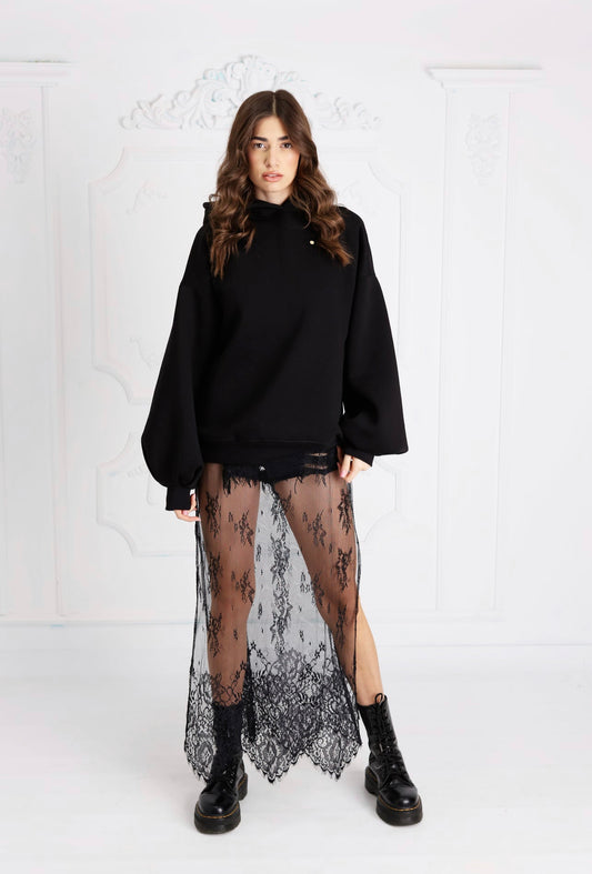 Hanorac NEDECUPAT " Blush " cu spatele, cu mâneci clopot NEGRU