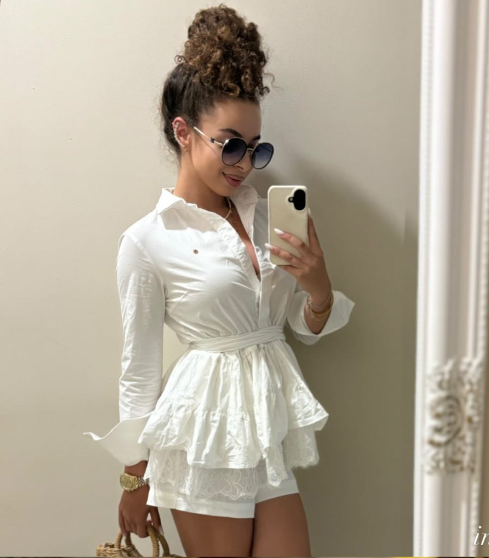 Cotton W. Shirt with Ruffles and White Lace 