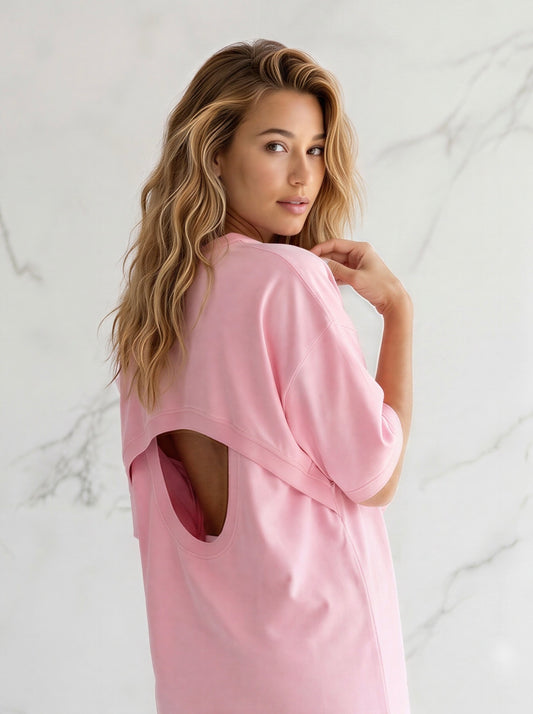 Tricou cu spatele Gol - OVERSIZE   - BABY PINK