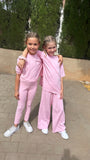 "SOFTIE" Kids Set with CRYSTALS – Long T-Shirt + Wide Flared Pants – BABY PINK