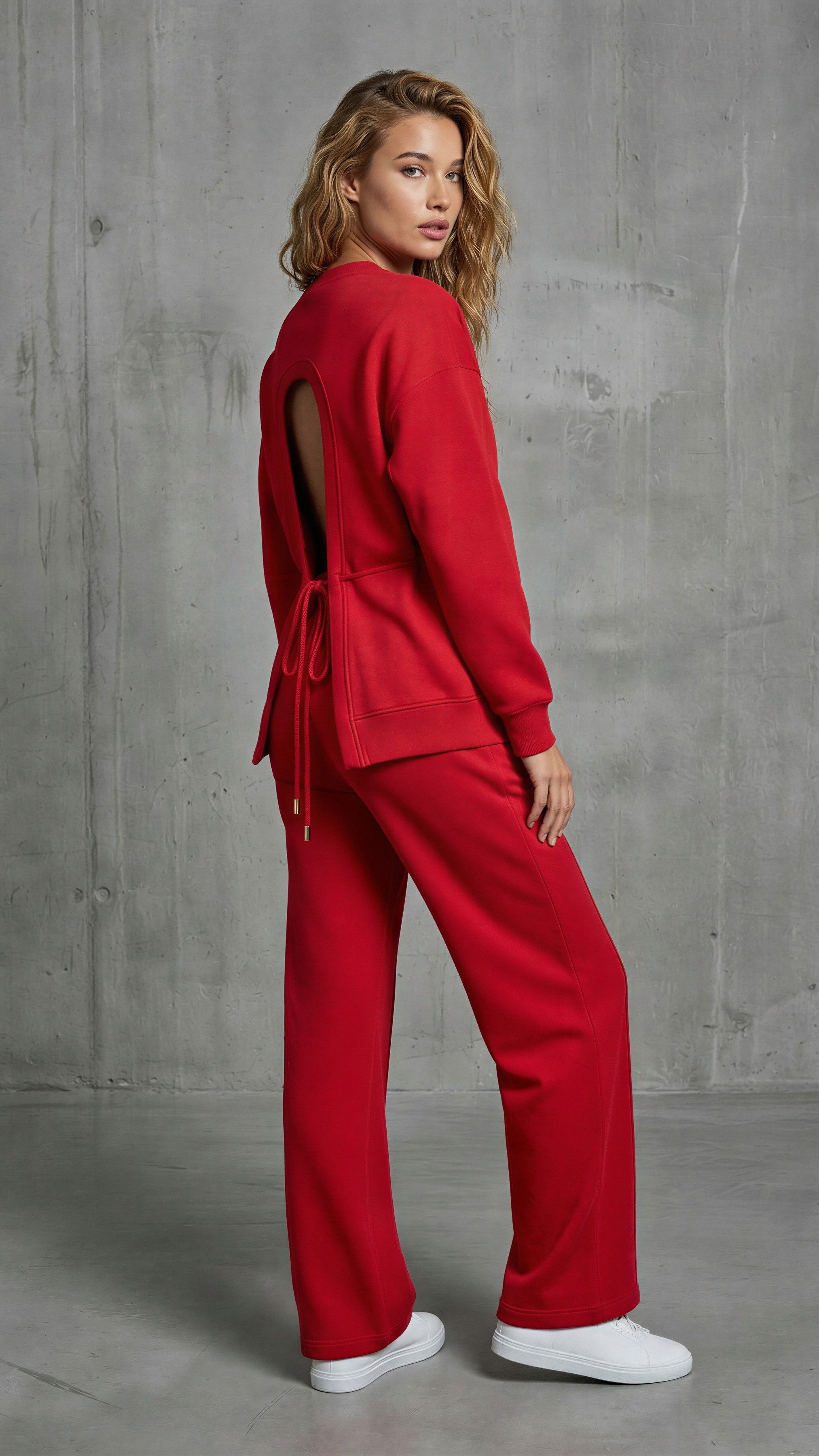 Sada 2 kusů "Eria 500" top s holými zády + rovné dlouhé bavlněné kalhoty ČERVENÁ