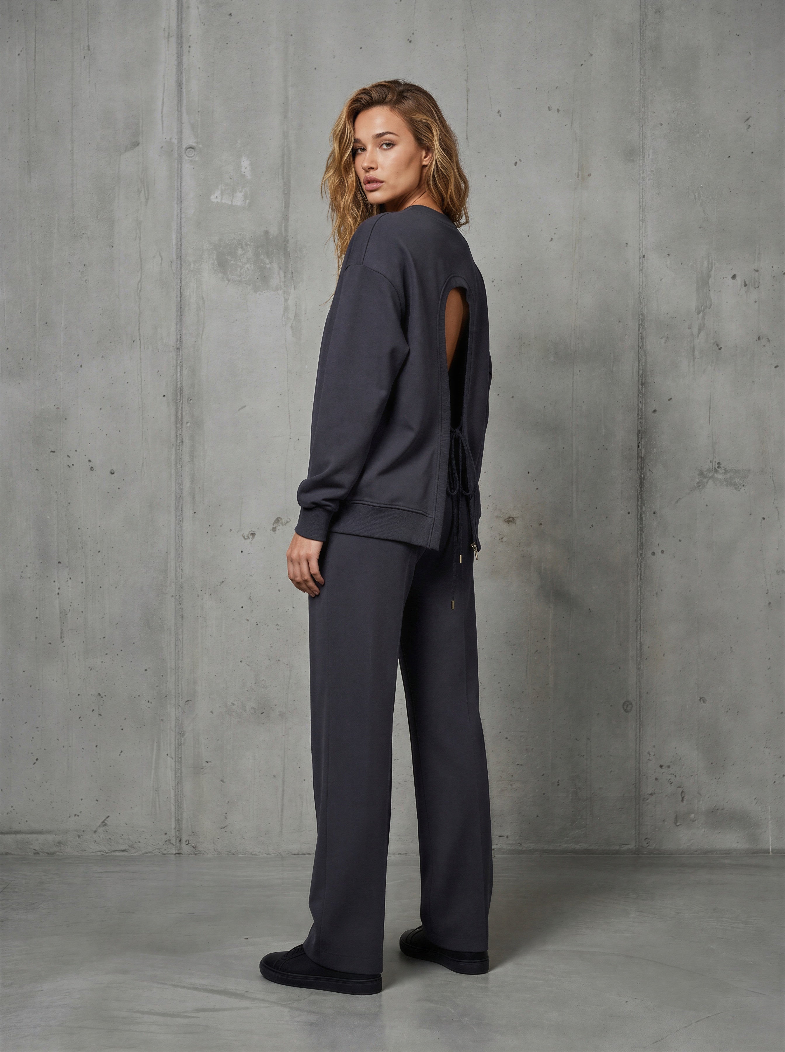 2-Piece Set "Eria 500" Backless Blouse + Long Straight Cotton Trousers DARK GREY