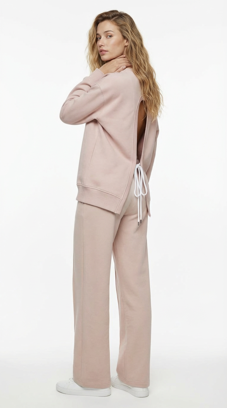 2dílný komplet „Eria 500“ s crop topem s odhalenými zády a dlouhými rovnými bavlněnými kalhotami v béžové barvě