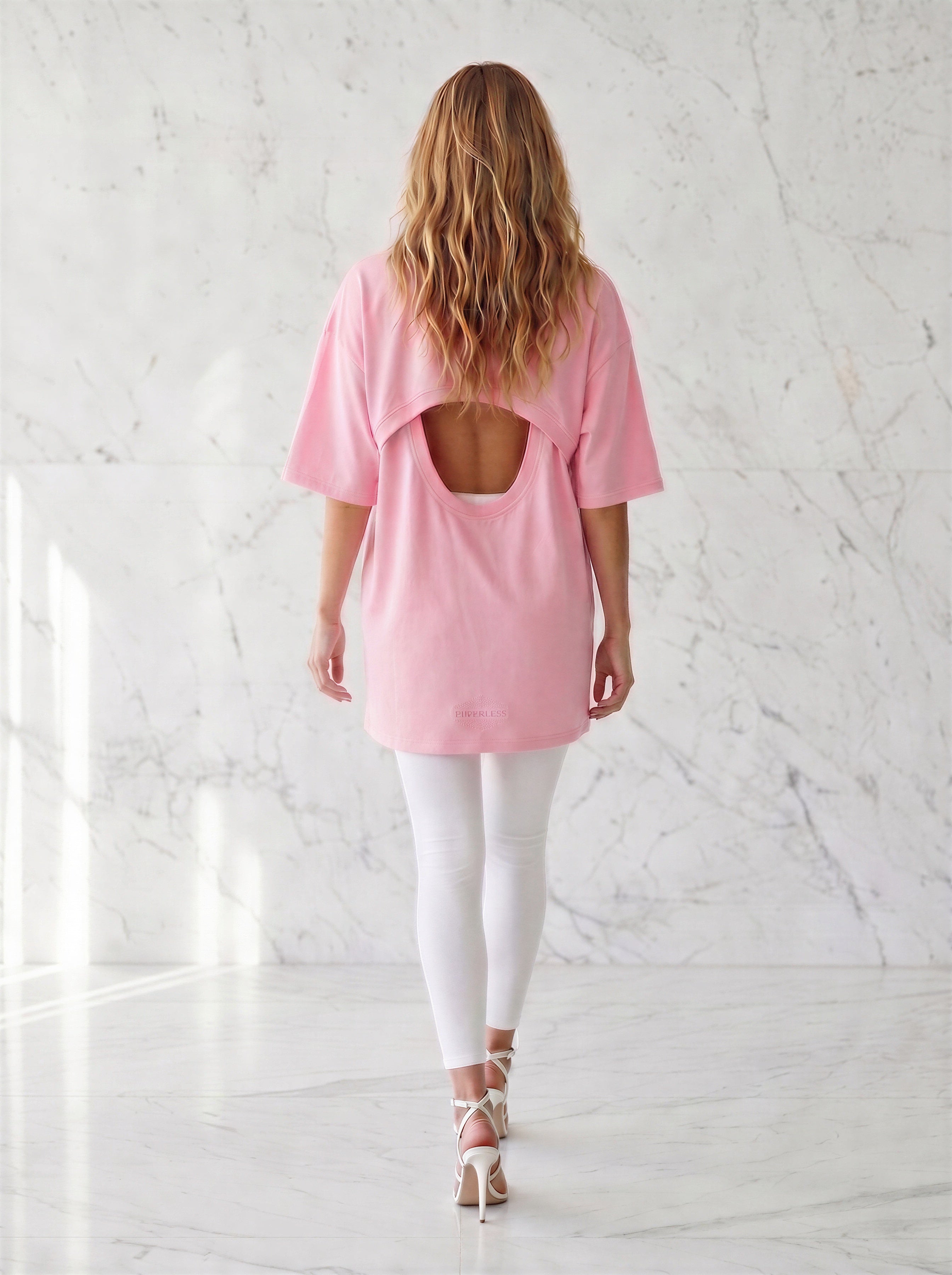 Tricou cu spatele Gol - OVERSIZE   - BABY PINK