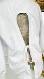 Set 2 Piese " Eria 500" Bluza cu Spatele Gol + Pantaloni Bumbac Drepți Lungi ALB