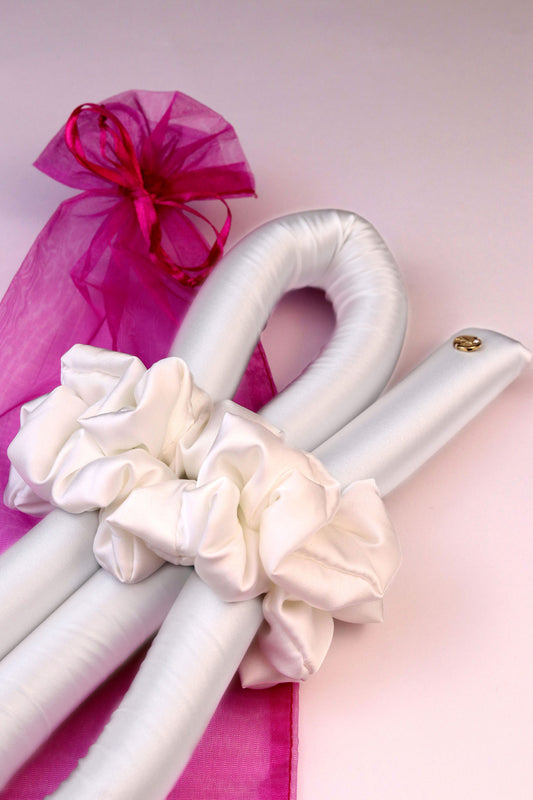 STANDARD Size Silk Heatless Curler with Satin Scrunchies White 