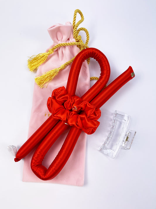 XXS Size Silk Heatless Curler with SILK Scrunchies Brick- Red